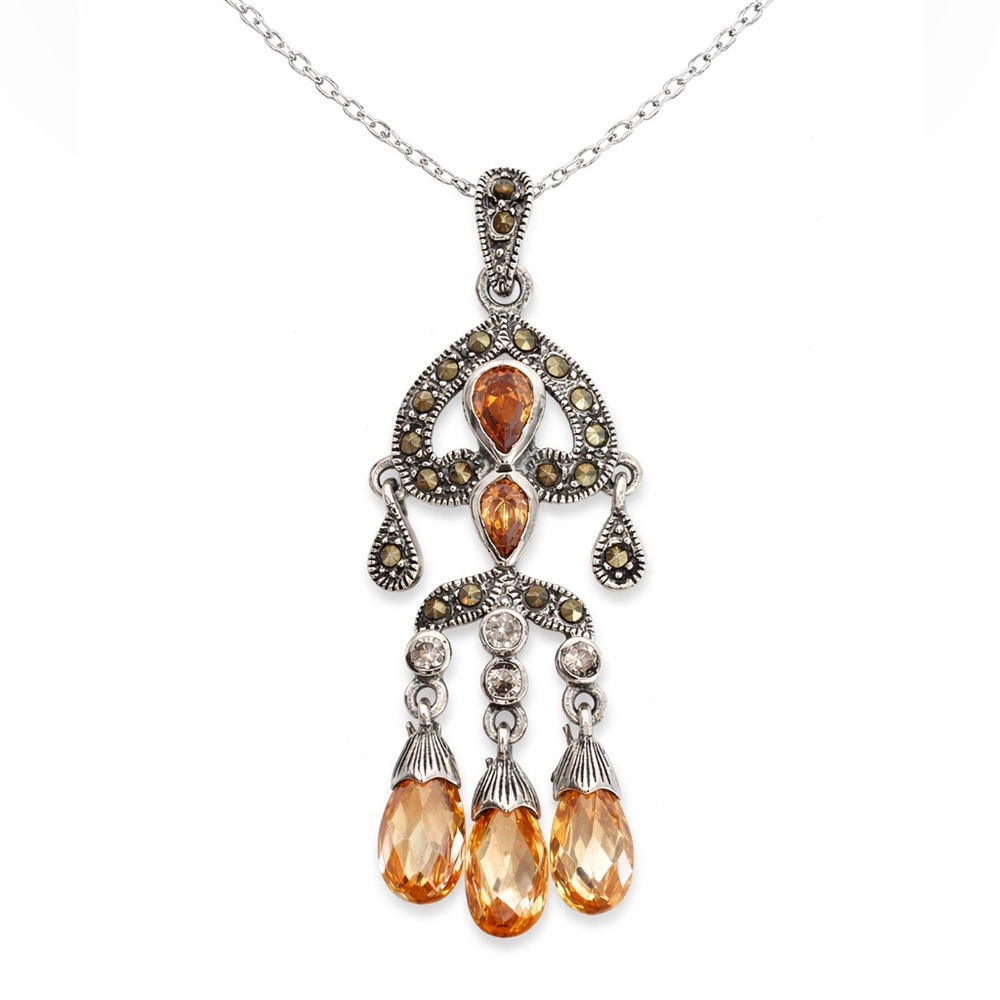 S925 Marcasite and Peach Swarovski Crystal Chandelier Pendant